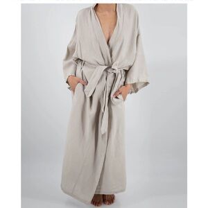 Sunday Morning Sai Full Length French Linen Robe One Size Khaki